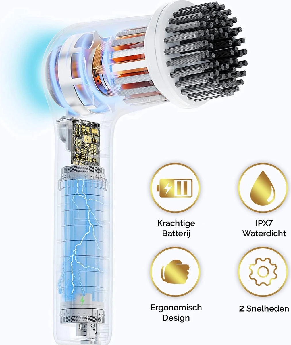 MostEssential Premium Elektrische Schoonmaakborstel 2023 Model – Elektrische Schrobber - Schrobborstel - Poetsmachine – Voor Badkamer Of Keuken - Inclusief 4 Borstelkoppen 10 MostEssential Premium Elektrische Schoonmaakborstel 2023 Model – Elektrische Schrobber - Schrobborstel - Poetsmachine – Voor Badkamer Of Keuken - Inclusief 4 Borstelkoppen - Afbeelding 8