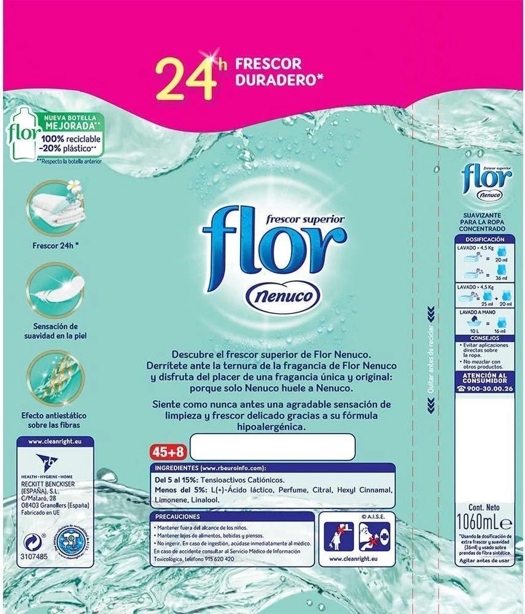 Merkloos Flor Wasverzachter - Nenuco 1100ml / 50 Wasbeurten 5 Merkloos Flor Wasverzachter - Nenuco 1100ml / 50 Wasbeurten - Afbeelding 3