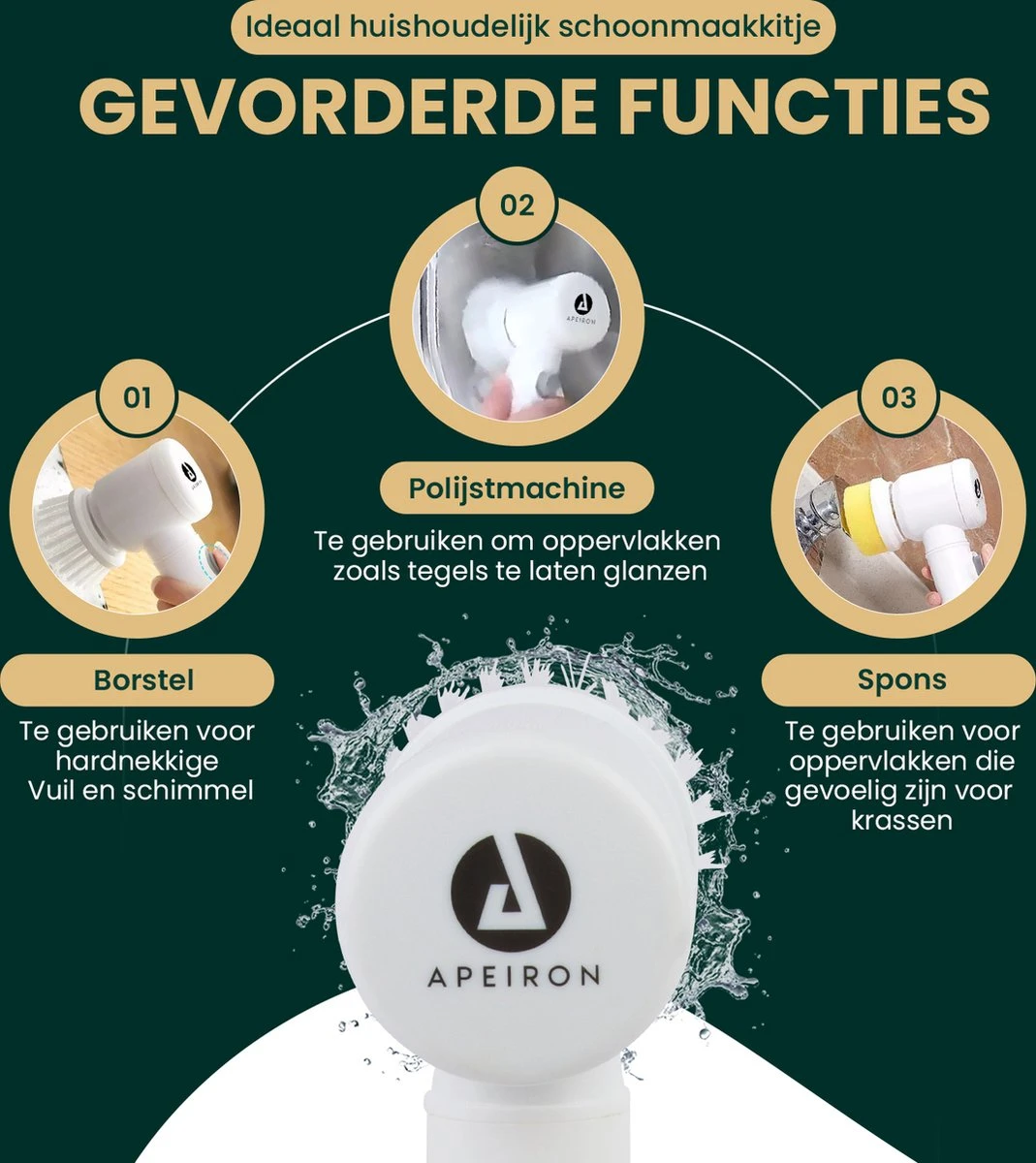 Apeiron Elektrische Schoonmaakborstel - Poetsmachine - Poliermachine - Schrobborstel - Handborstel - Werkborstel - Schrobber - Boorborstel - Wasborstel - Schoonmaakmiddelen - Reinigingsborstel - 3 Opzetstukken 4 Apeiron Elektrische Schoonmaakborstel - Poetsmachine - Poliermachine - Schrobborstel - Handborstel - Werkborstel - Schrobber - Boorborstel - Wasborstel - Schoonmaakmiddelen - Reinigingsborstel - 3 Opzetstukken - Afbeelding 2