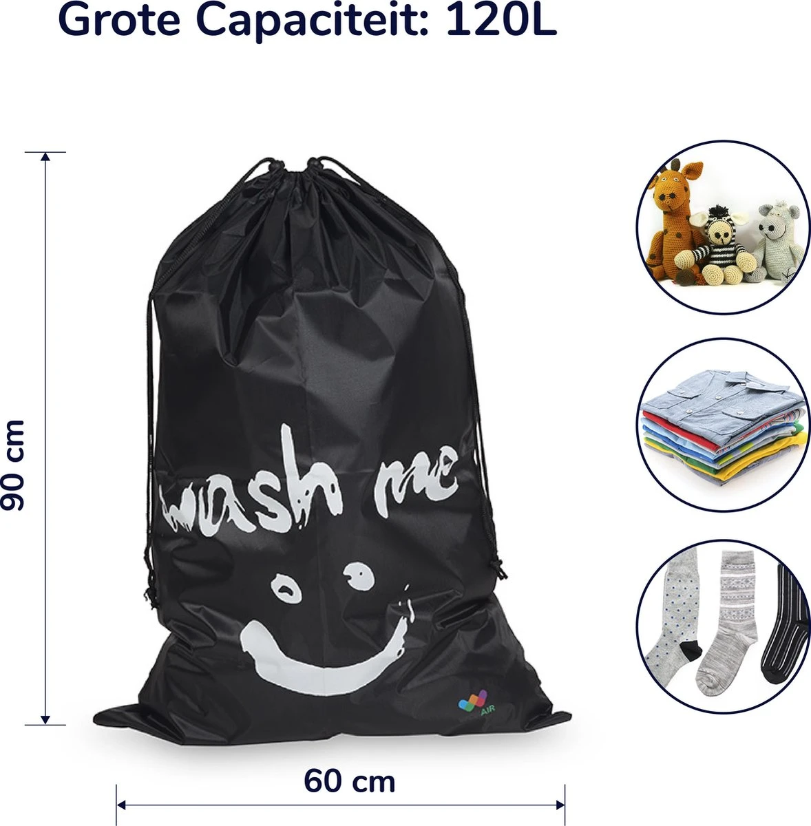 Wonair - Grote Waszak - Laundry Bag - Wash Me - 60x90cm - Zwart - Met Trekkoord 10 Wonair - Grote Waszak - Laundry Bag - Wash Me - 60x90cm - Zwart - Met Trekkoord - Afbeelding 8