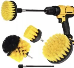 Merkloos 4-delige Borstelset Voor Boormachine - Inclusief Verlengstuk - Opzetborstels - Schrobborstel - Schuurborstel - Schoonmaakborstel - Tapijtreiniger - Brush - Geel - Gratis Verzending