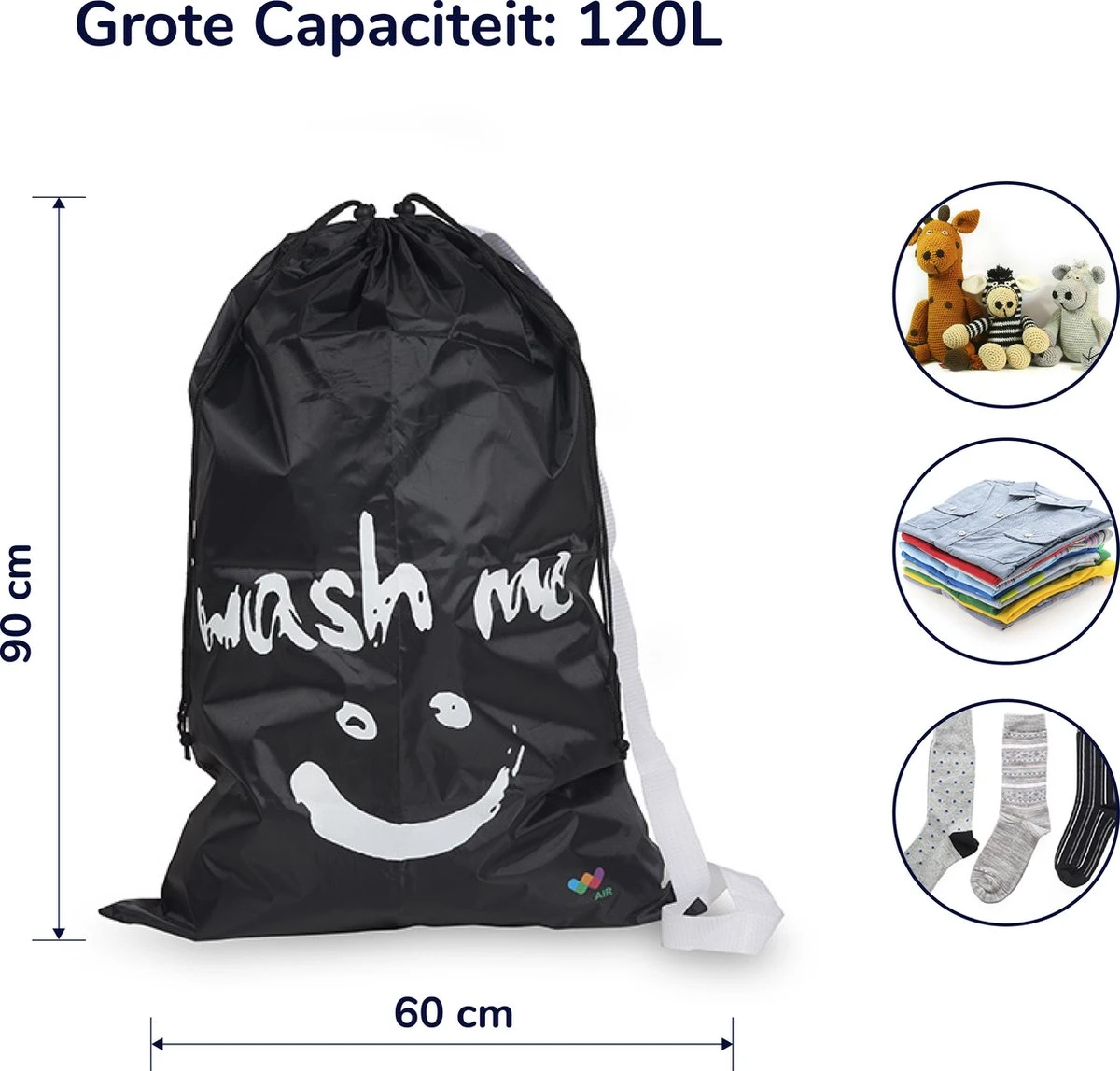 Wonair - Waszak Groot - 60x90cm - Zwart - Met Trekkoord En Draagband 9 Wonair - Waszak Groot - 60x90cm - Zwart - Met Trekkoord En Draagband - Afbeelding 7