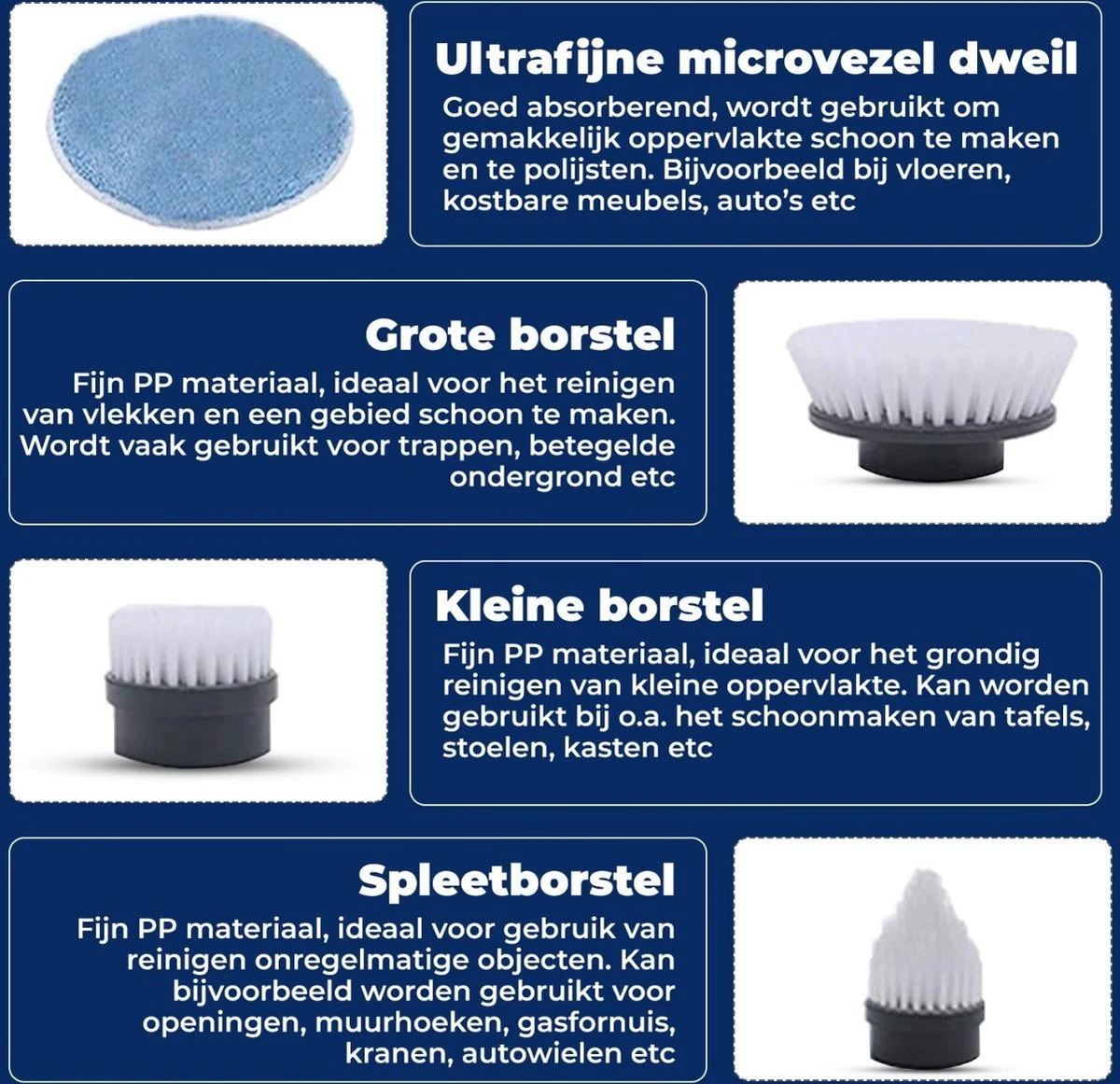 B-care Elektrische Schoonmaakborstel - 4 Opzetstukken - Wasborstel - Poetsmachine - Schrobborstel - Handborstel - Werkborstel - Schrobber - Boorborstel - Schoonmaakmiddelen - Reinigingsborstel 9 B-care Elektrische Schoonmaakborstel - 4 Opzetstukken - Wasborstel - Poetsmachine - Schrobborstel - Handborstel - Werkborstel - Schrobber - Boorborstel - Schoonmaakmiddelen - Reinigingsborstel - Afbeelding 7