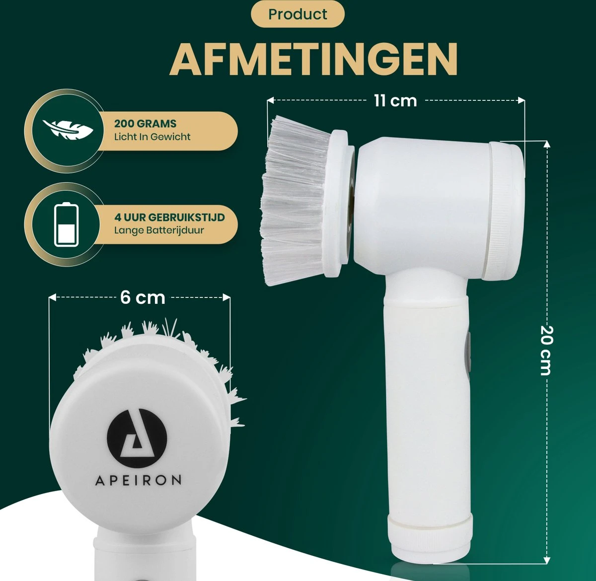 Apeiron Elektrische Schoonmaakborstel - Poetsmachine - Poliermachine - Schrobborstel - Handborstel - Werkborstel - Schrobber - Boorborstel - Wasborstel - Schoonmaakmiddelen - Reinigingsborstel - 3 Opzetstukken 7 Apeiron Elektrische Schoonmaakborstel - Poetsmachine - Poliermachine - Schrobborstel - Handborstel - Werkborstel - Schrobber - Boorborstel - Wasborstel - Schoonmaakmiddelen - Reinigingsborstel - 3 Opzetstukken - Afbeelding 5