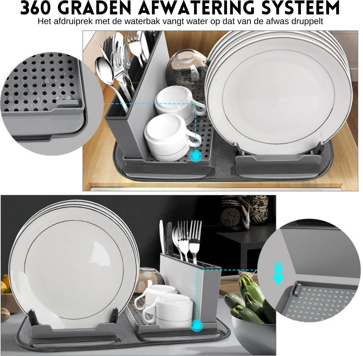 Afdruiprek Met Lekbak - Inclusief Afdruipmat - Opvouwbaar - Afwasrek Met Uitneembare Bestekhouder - Voor Bestek, Borden, Pannen En Schalen 6 Afdruiprek Met Lekbak - Inclusief Afdruipmat - Opvouwbaar - Afwasrek Met Uitneembare Bestekhouder - Voor Bestek, Borden, Pannen En Schalen - Afbeelding 4