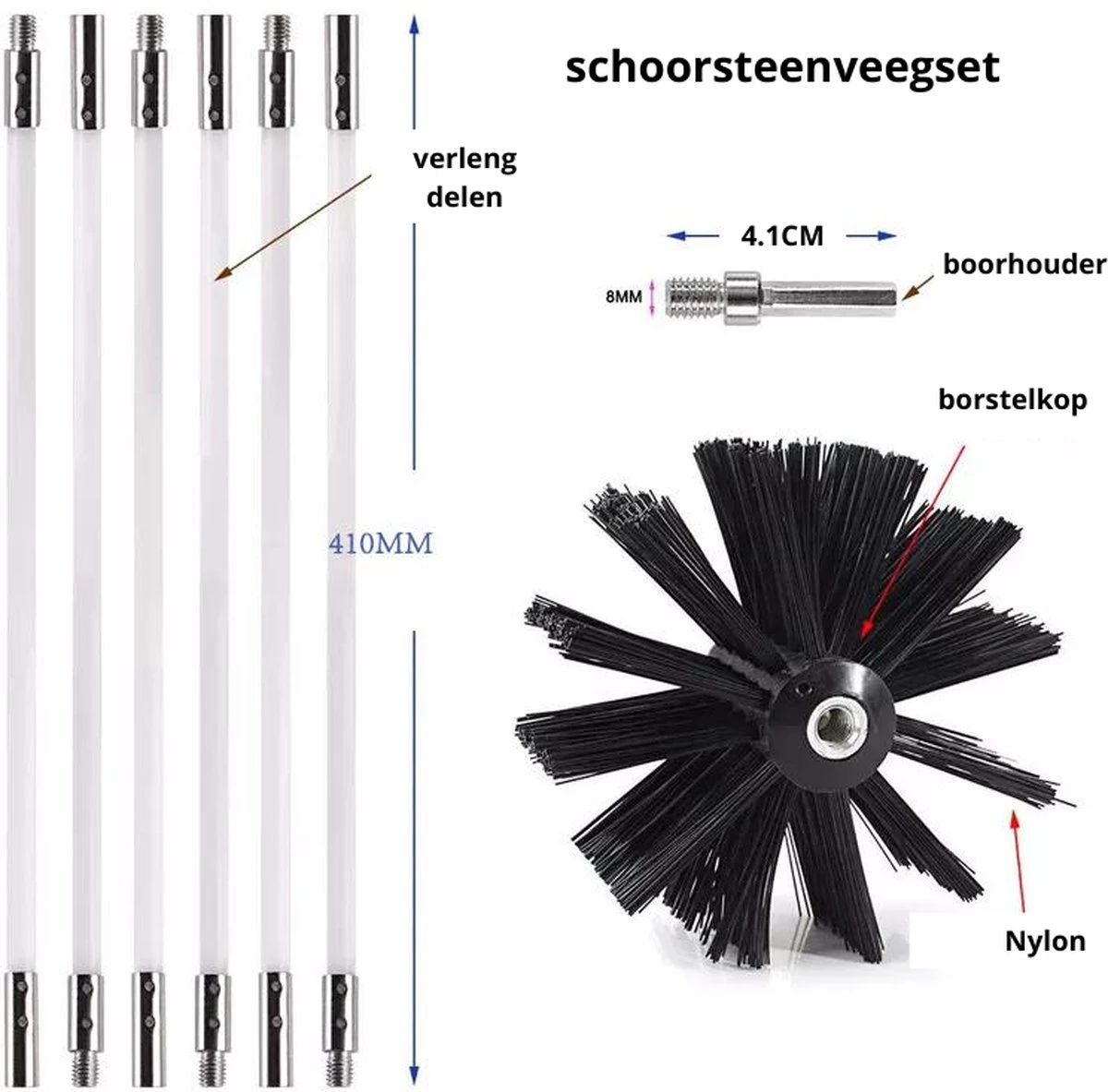 NIRAX Professionele Schoorsteenveegset Verstelbaar Tot 9 Meter – Schoorsteenveger - Veegkit – Schoorsteen Borstel - Schoorsteenreiniger - Borstel Set - Kachel - Onderhoud 6 NIRAX Professionele Schoorsteenveegset Verstelbaar Tot 9 Meter – Schoorsteenveger - Veegkit – Schoorsteen Borstel - Schoorsteenreiniger - Borstel Set - Kachel - Onderhoud - Afbeelding 4