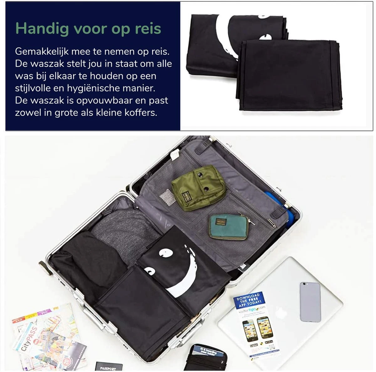 Wonair - Waszak Groot - 60x90cm - Zwart - Met Trekkoord En Draagband 5 Wonair - Waszak Groot - 60x90cm - Zwart - Met Trekkoord En Draagband - Afbeelding 3