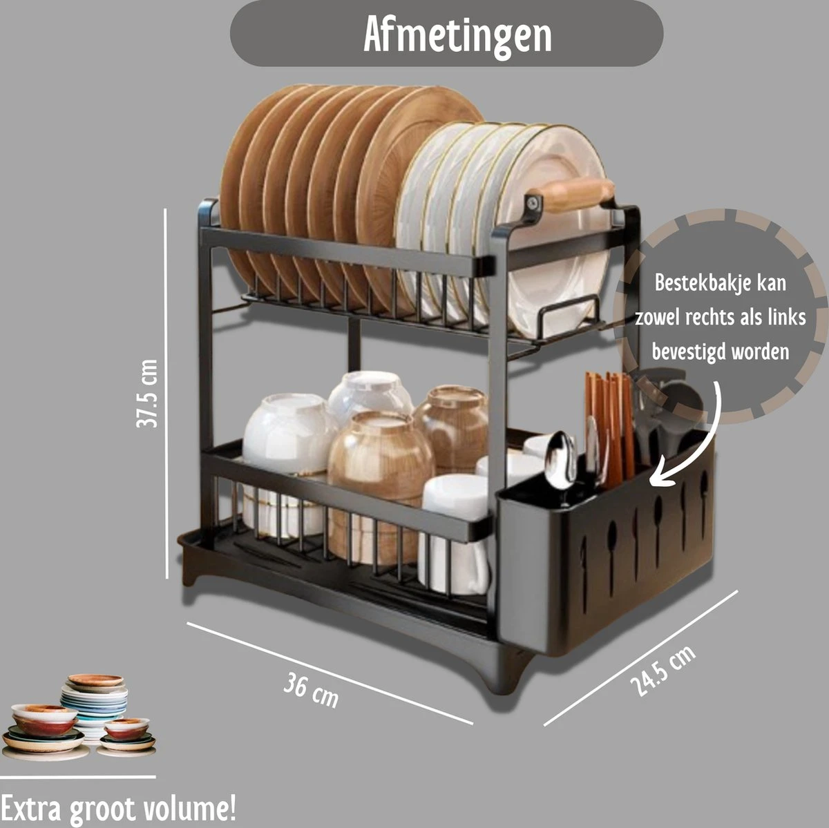 Afdruiprek - Zwart/ Met Flexibele Water Afvoer/ Borden, Pannen Bestek/ RVS/ Lichtgewicht/ Lekbak/ Luxe Uitvoering 4 Afdruiprek - Zwart/ Met Flexibele Water Afvoer/ Borden, Pannen Bestek/ RVS/ Lichtgewicht/ Lekbak/ Luxe Uitvoering - Afbeelding 2