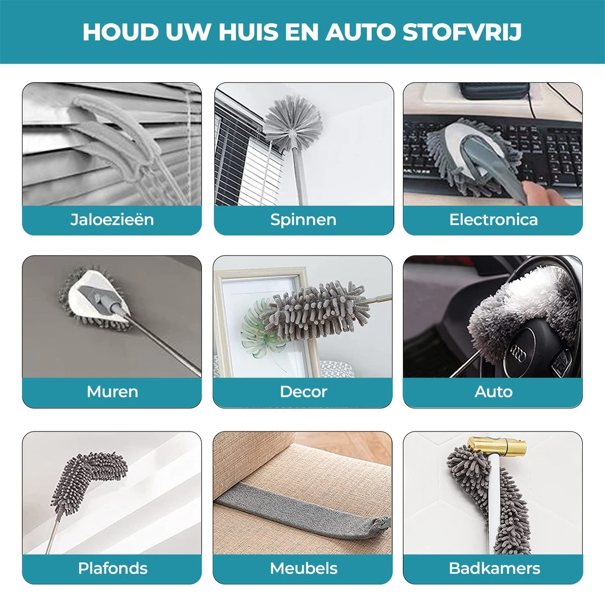 NovaBeau Plumeau Met Telescoopsteel – Microvezel Ragebol Uitschuifbaar - 9-delig Duster Set Met Voegenborstel – RVS Stoffer – Grijs Chenille Borstel – Wasbaar En Draaibaar 8 NovaBeau Plumeau Met Telescoopsteel – Microvezel Ragebol Uitschuifbaar - 9-delig Duster Set Met Voegenborstel – RVS Stoffer – Grijs Chenille Borstel – Wasbaar En Draaibaar - Afbeelding 6