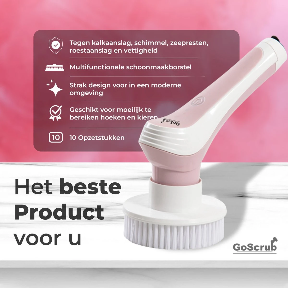 GoScrub® Elektrische Schoonmaakborstel – Elektrische Schrobber - Schrobborstel – Voor Badkamer Of Keuken – Schrobber Met Steel – Luiwagen – Polijstmachine - Roze 5 GoScrub® Elektrische Schoonmaakborstel – Elektrische Schrobber - Schrobborstel – Voor Badkamer Of Keuken – Schrobber Met Steel – Luiwagen – Polijstmachine - Roze - Afbeelding 3