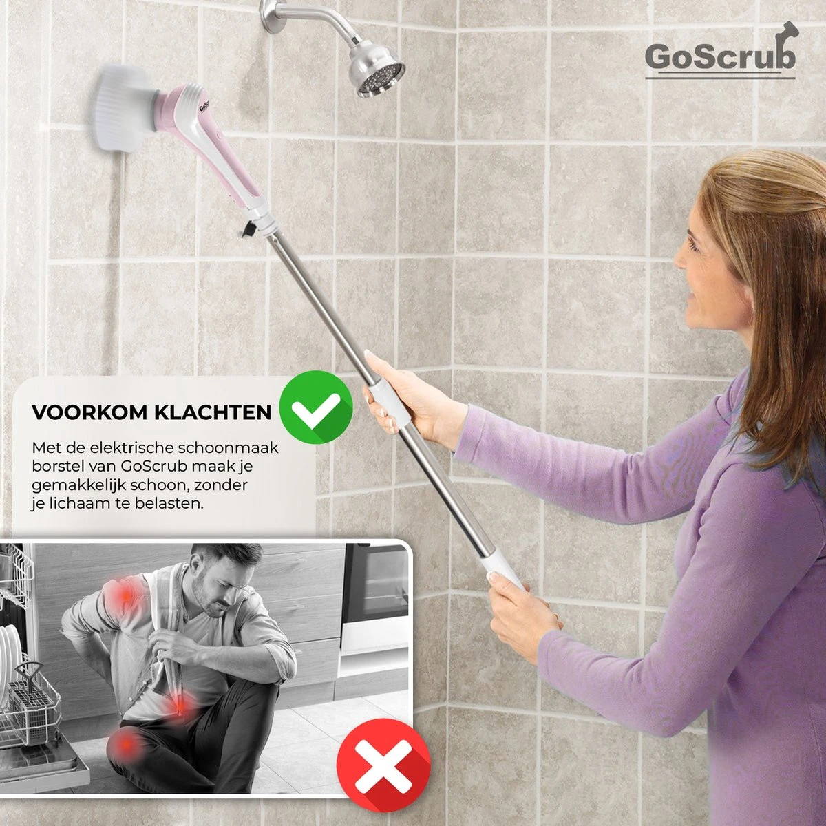 GoScrub® Elektrische Schoonmaakborstel – Elektrische Schrobber - Schrobborstel – Voor Badkamer Of Keuken – Schrobber Met Steel – Luiwagen – Polijstmachine - Roze 11 GoScrub® Elektrische Schoonmaakborstel – Elektrische Schrobber - Schrobborstel – Voor Badkamer Of Keuken – Schrobber Met Steel – Luiwagen – Polijstmachine - Roze - Afbeelding 9