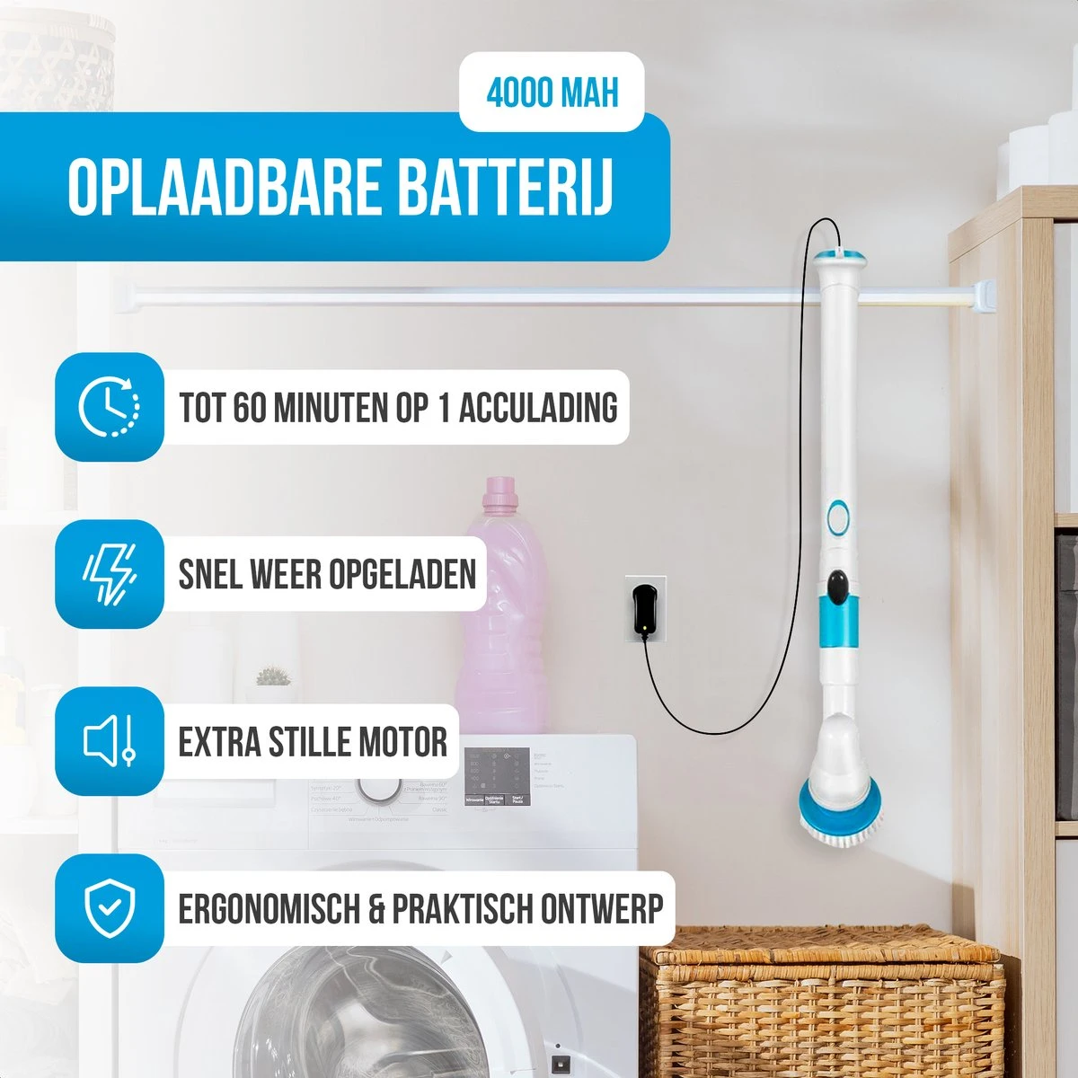 Strex Elektrische Schoonmaakborstel - Draadloze Schrobborstel - Schrobber - 3 Opzetstukken - Telescoopsteel - Poetsmachine Met Krachtige Accu 7 Strex Elektrische Schoonmaakborstel - Draadloze Schrobborstel - Schrobber - 3 Opzetstukken - Telescoopsteel - Poetsmachine Met Krachtige Accu - Afbeelding 5