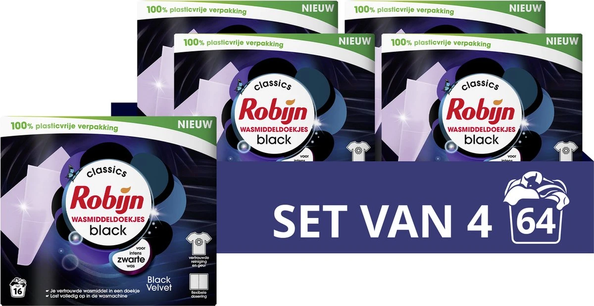 Robijn Classics Black Velvet Wasmiddeldoekjes - 4 X 16 Wasstrips - Voordeelverpakking 3 Robijn Classics Black Velvet Wasmiddeldoekjes - 4 X 16 Wasstrips - Voordeelverpakking