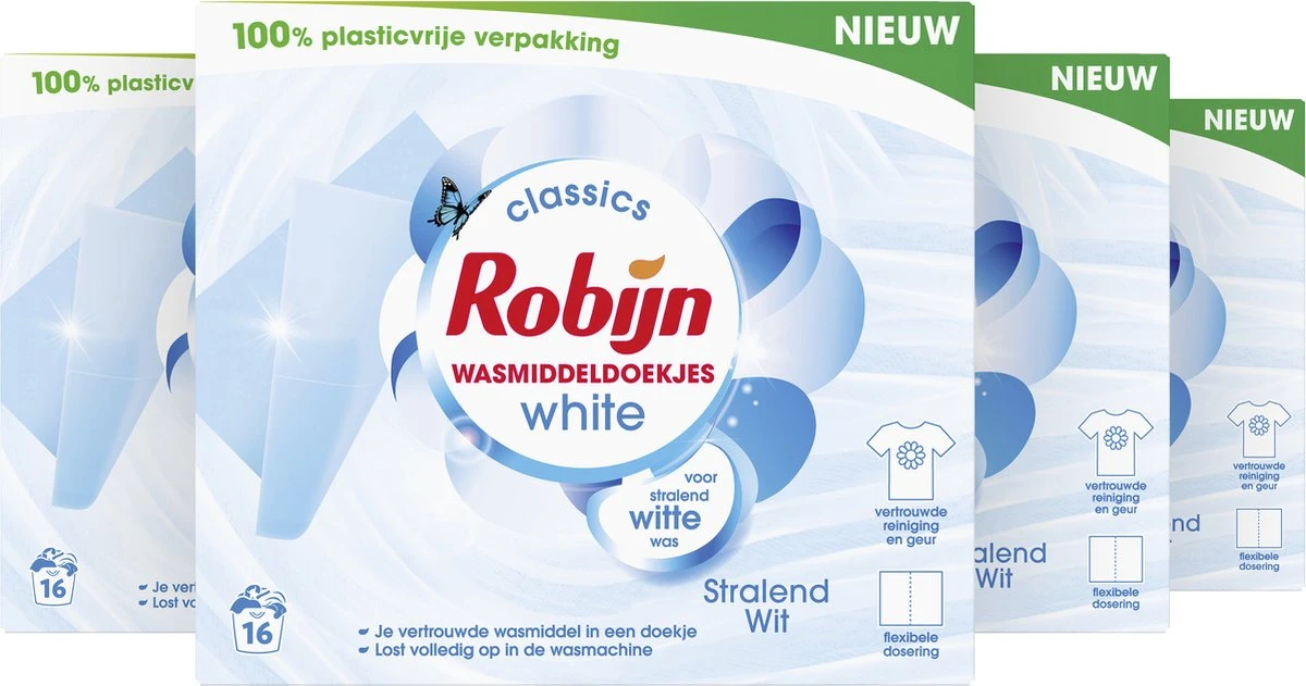Robijn Classics Stralend Wit Wasmiddeldoekjes - 4 X 16 Wasstrips - Voordeelverpakking 4 Robijn Classics Stralend Wit Wasmiddeldoekjes - 4 X 16 Wasstrips - Voordeelverpakking - Afbeelding 2