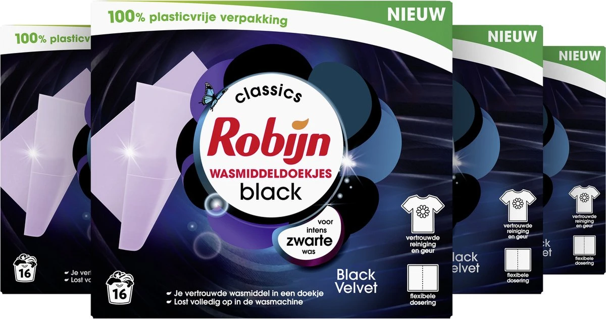 Robijn Classics Black Velvet Wasmiddeldoekjes - 4 X 16 Wasstrips - Voordeelverpakking 4 Robijn Classics Black Velvet Wasmiddeldoekjes - 4 X 16 Wasstrips - Voordeelverpakking - Afbeelding 2