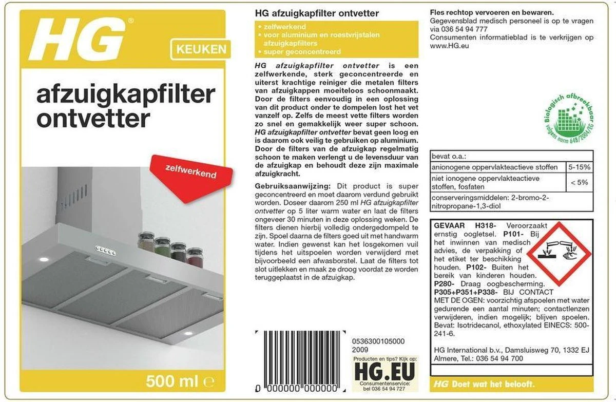 HG Afzuigkapfilter Ontvetter - 500ml - Zelfwerkend 4 HG Afzuigkapfilter Ontvetter - 500ml - Zelfwerkend - Afbeelding 2