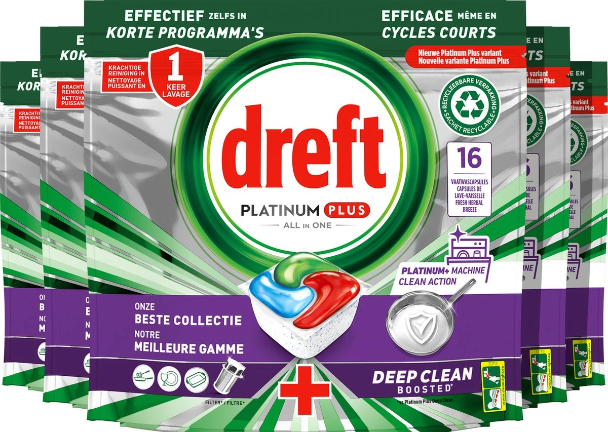 Dreft Platinum Plus All In One Machine Clean - Vaatwastabletten - 5 X 16 Tabletten 3 Dreft Platinum Plus All In One Machine Clean - Vaatwastabletten - 5 X 16 Tabletten